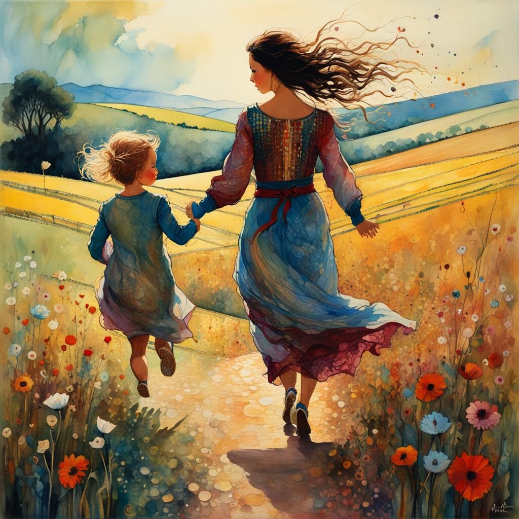 Woman and Child Reunion in Art Brut Style