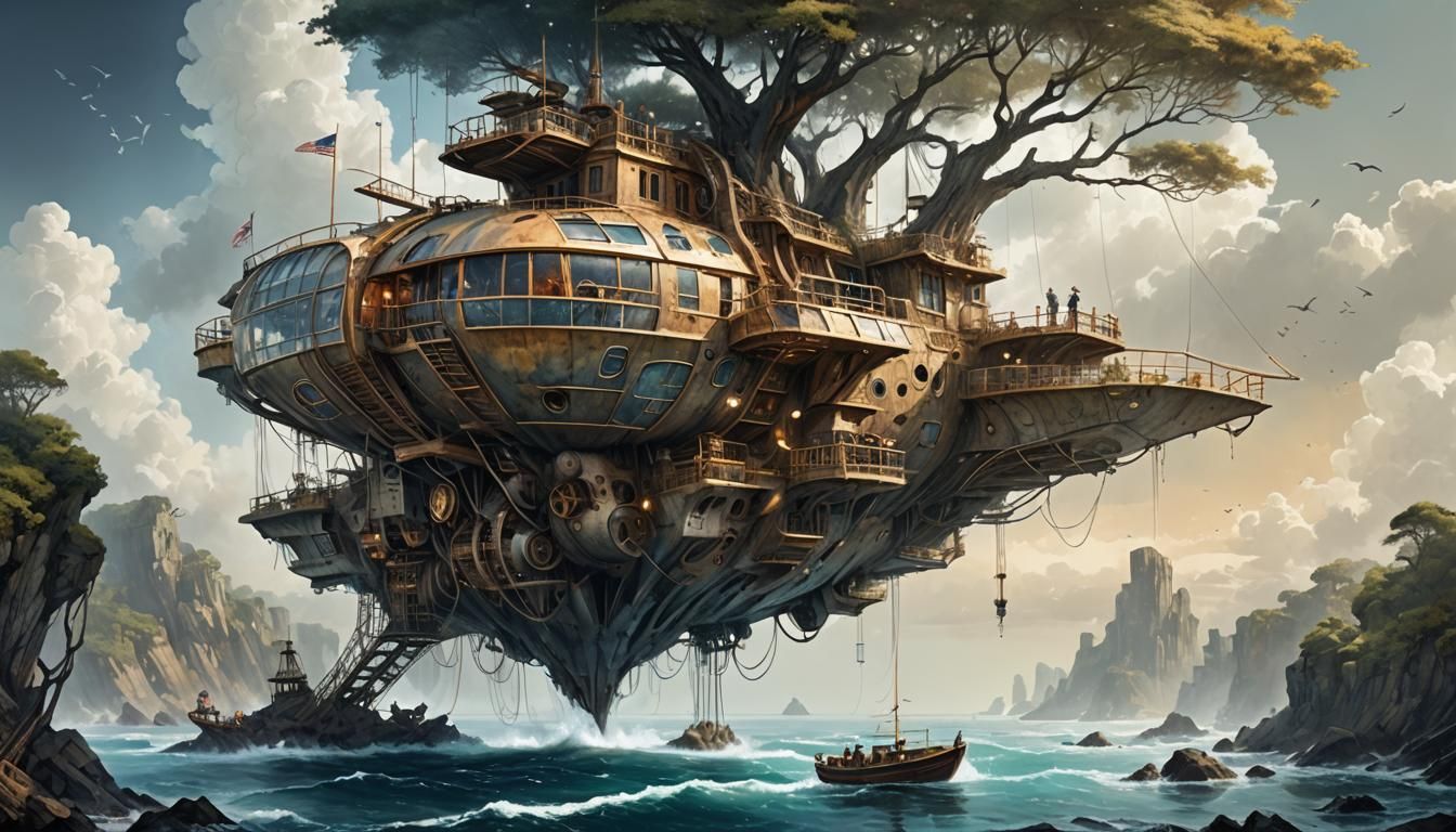 Steampunk Biomorphic Ship on Maelstrom Sea