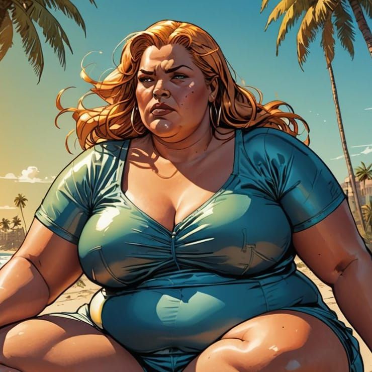 Curvaceous Woman on Beach in Comic Book Art