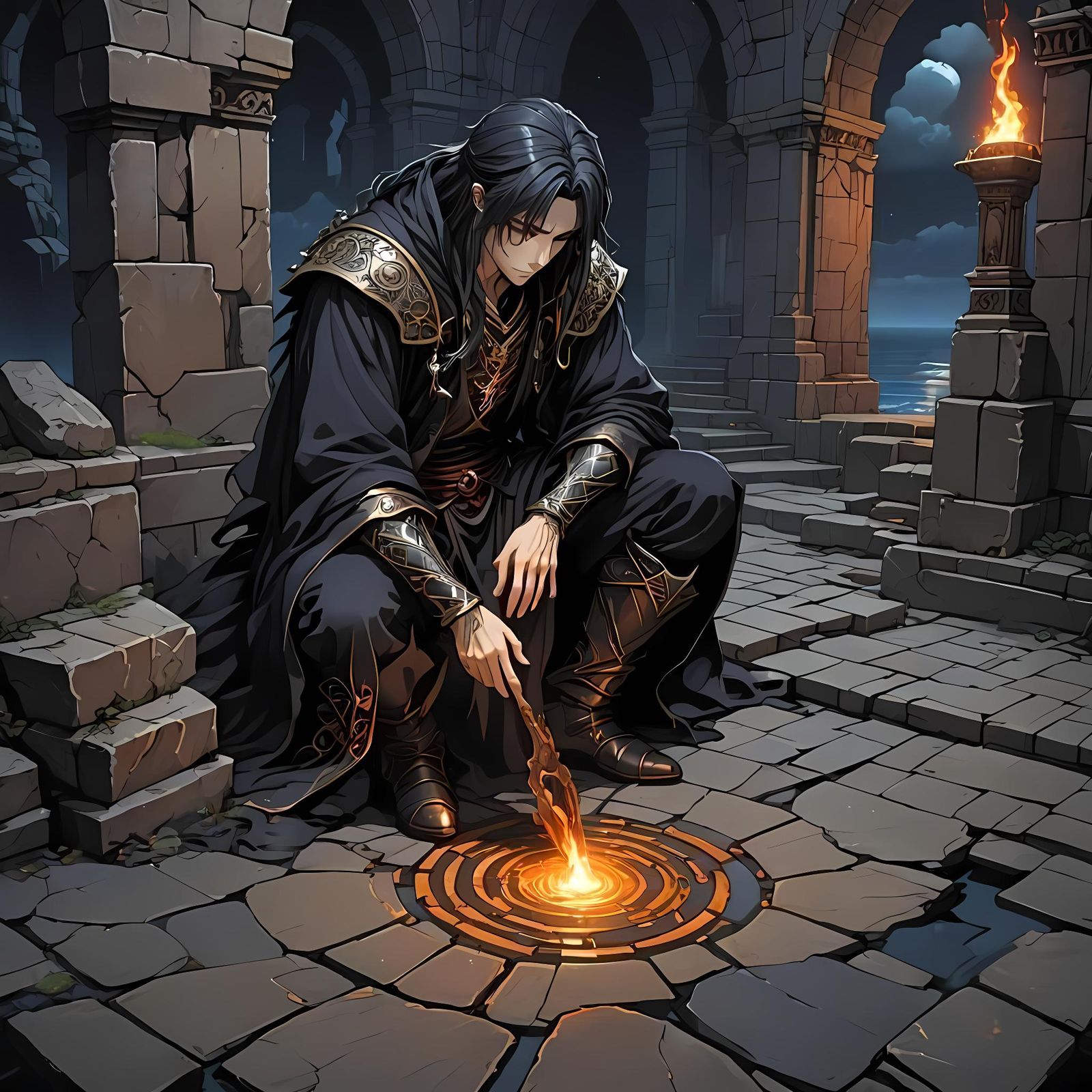 Dark Fantasy Necromancer Activates Fiery Seals