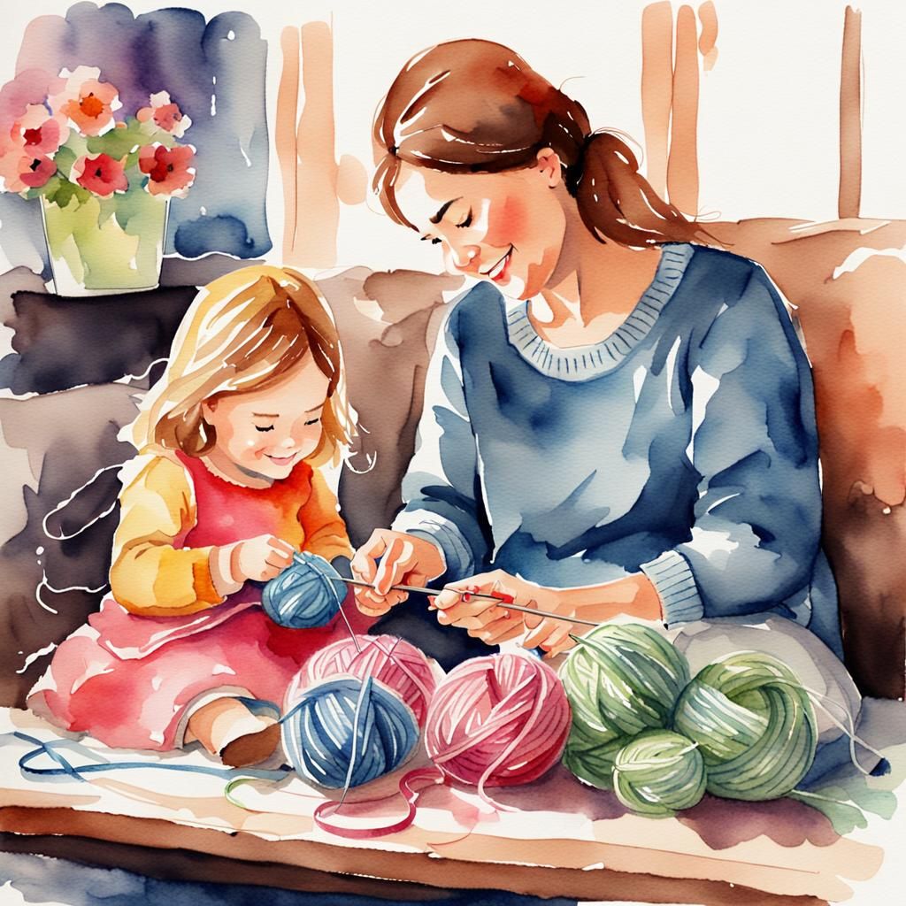 Cozy Watercolor of Mother and Daughter Knitting