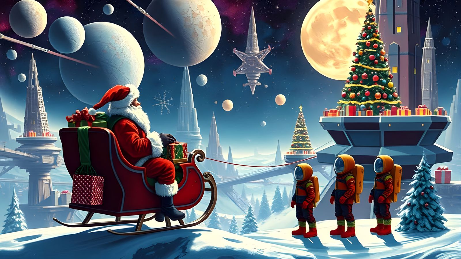 Retrofuturistic Christmas Space Colony Panorama