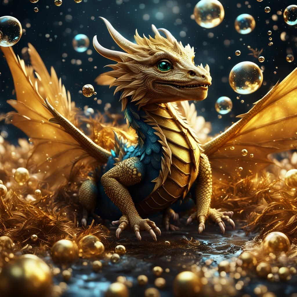 Golden Dragon Cub in Bubble Rain: Fantasy Art
