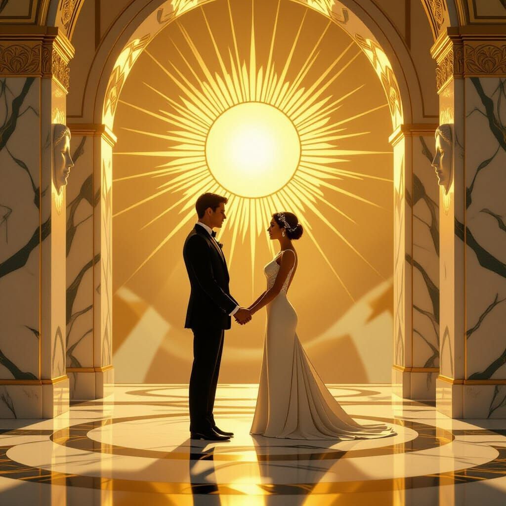 Art Deco Couple in Golden Sunburst Embrace