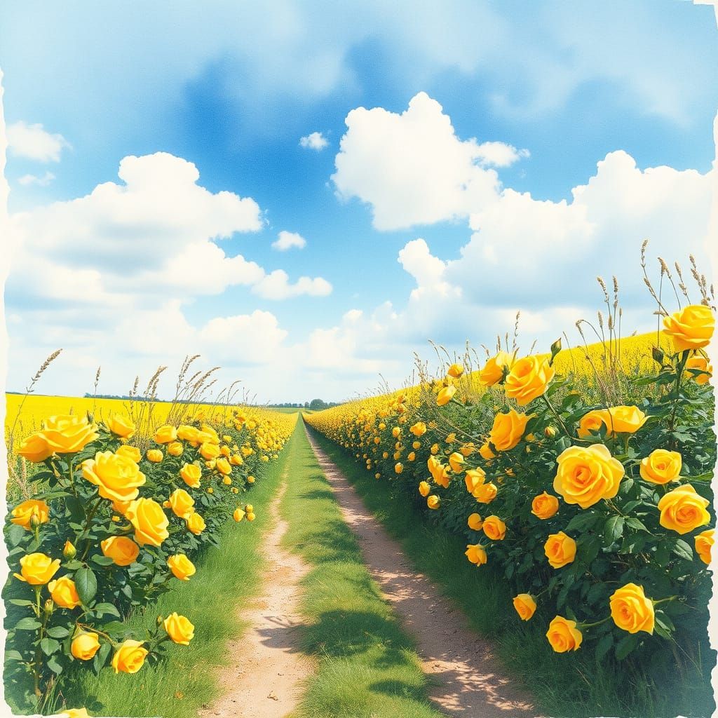 Bright Watercolour of Yellow Rose Path Under Cloudy Sky
