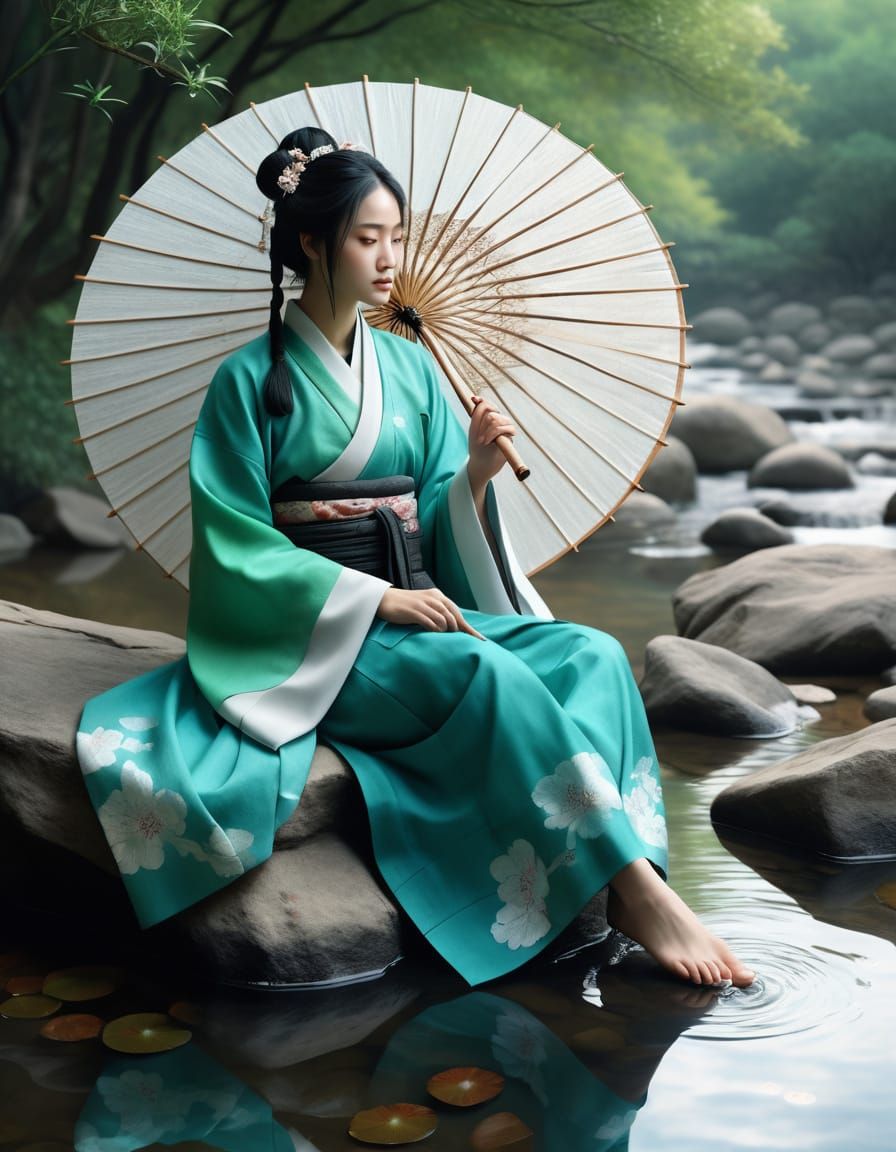 Serene Hanfu-clad Girl Sits by Creek