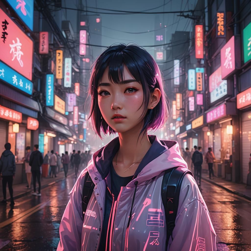 Neon City Night Portrait in Vibrant Anime Style