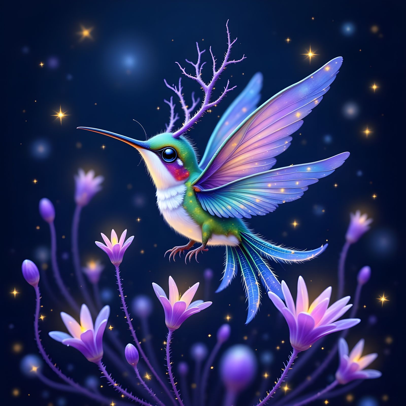 Frilly Hummingbird with Spines and Fireflies