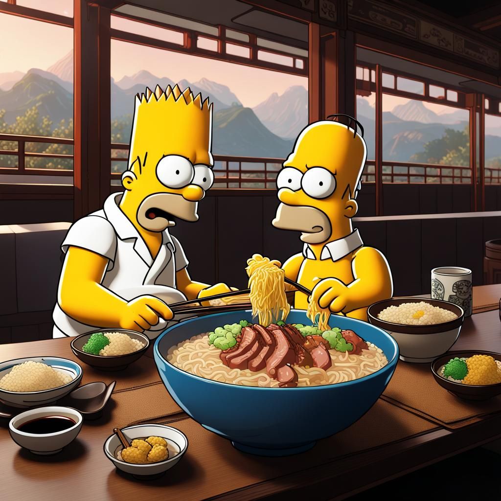 Bart and Homer Simpson Enjoying Ramen