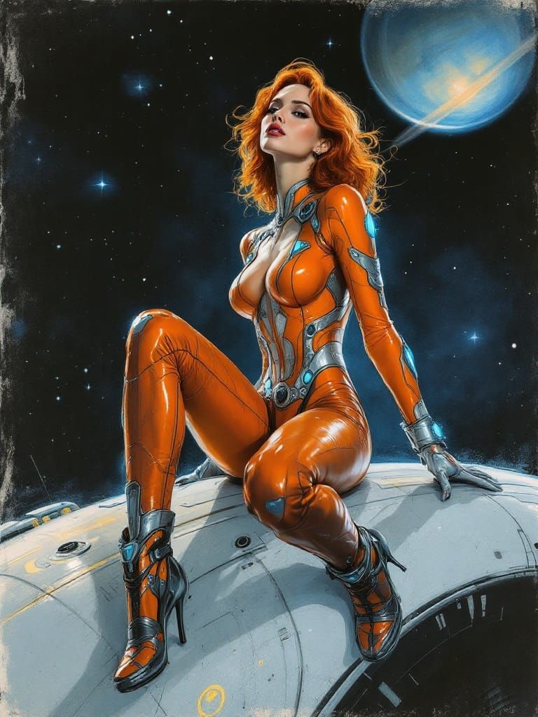 Confident Spacewoman in Retro-Futuristic Charcoal Study