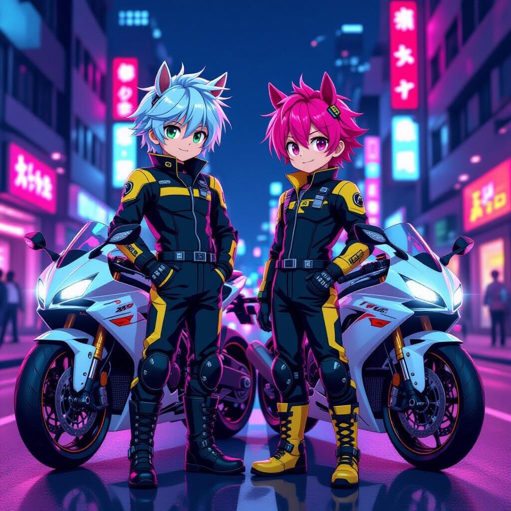 Anime Boys with Horse Ears in Neon Cityscape