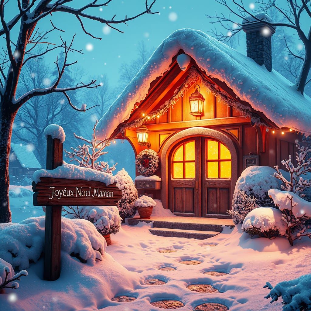 Magical Snow-Covered Cottage in Whimsical Winter Wonderland
