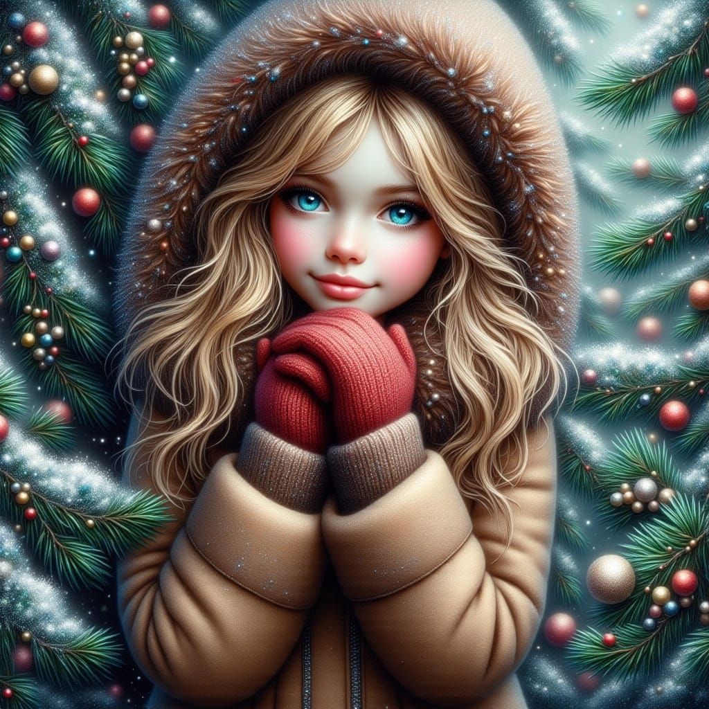 Magical Winter Portrait of a Girl in Snow-Dusted Forest