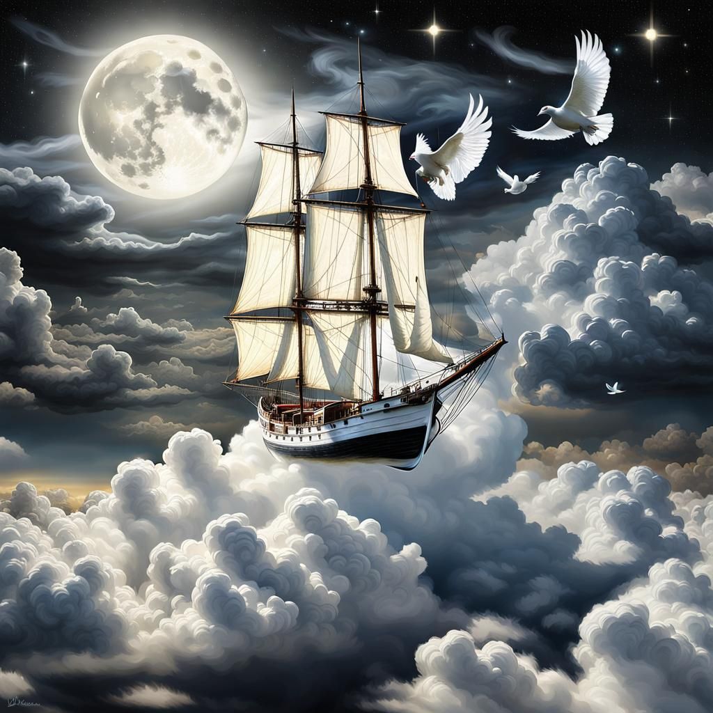 Sailing Dinghy on Cloud with Dove, Digital Art