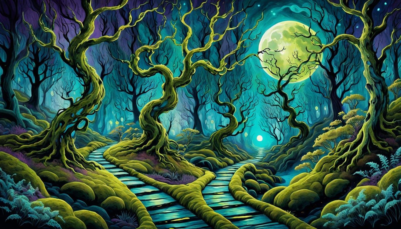 Whimsical Moonlit Forest in Expressive Artistic Style