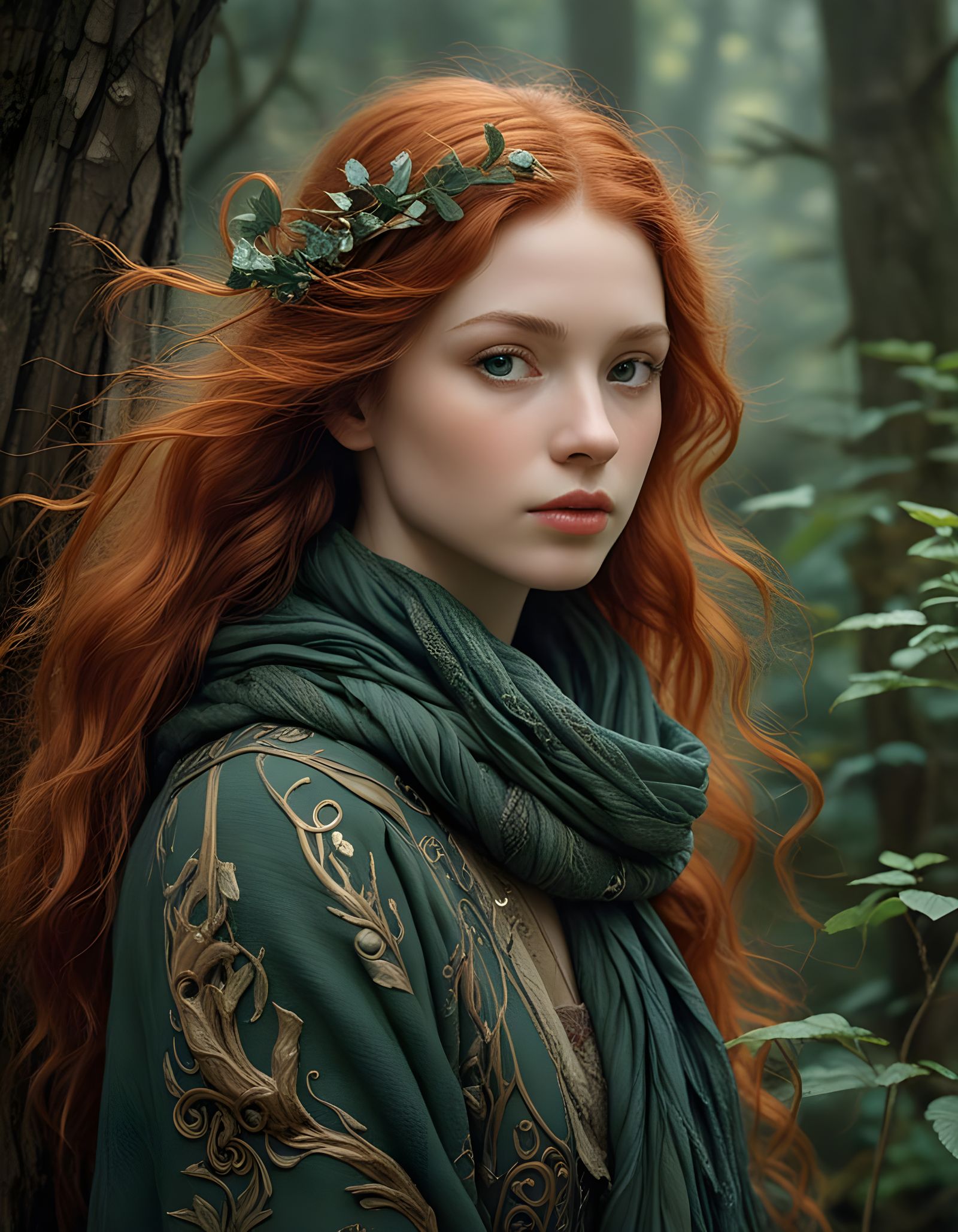 Fiery Irish Beauty in Cozy Pre-Raphaelite Landscape
