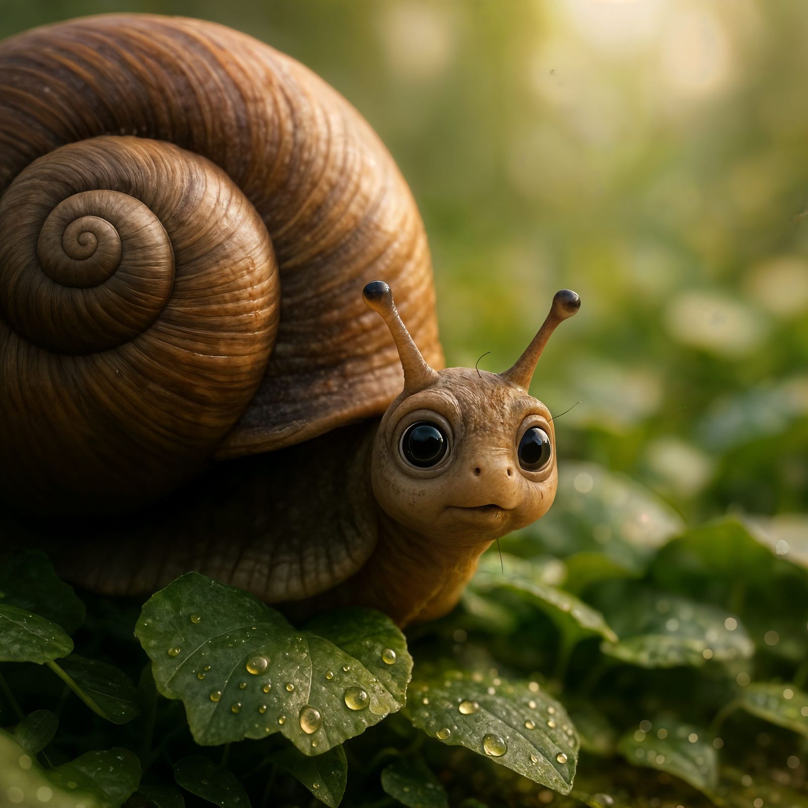Adorable Snail Toddler Emerges on Dewy Morning