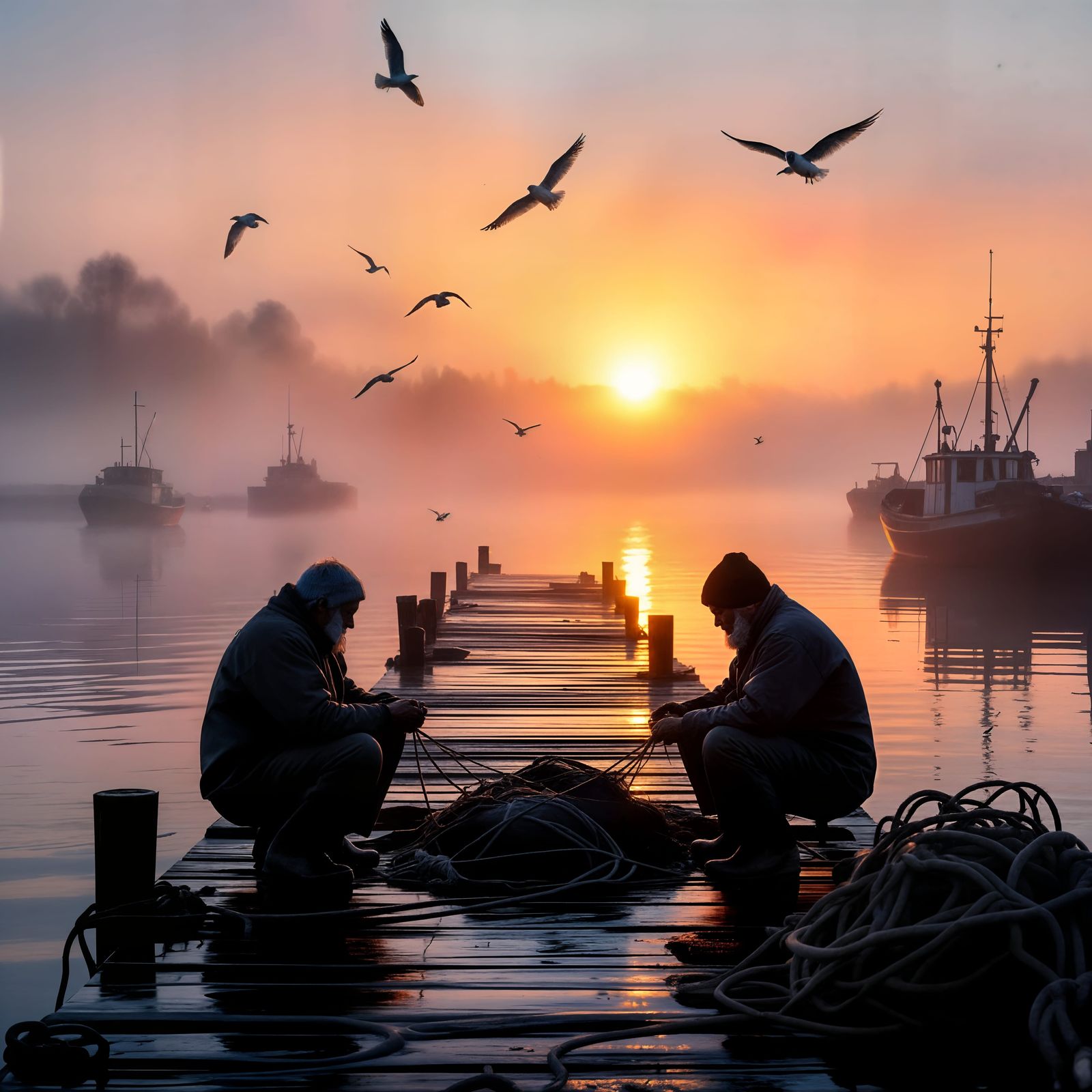 Fishermen Mending Nets in Foggy Sunrise Harbor
