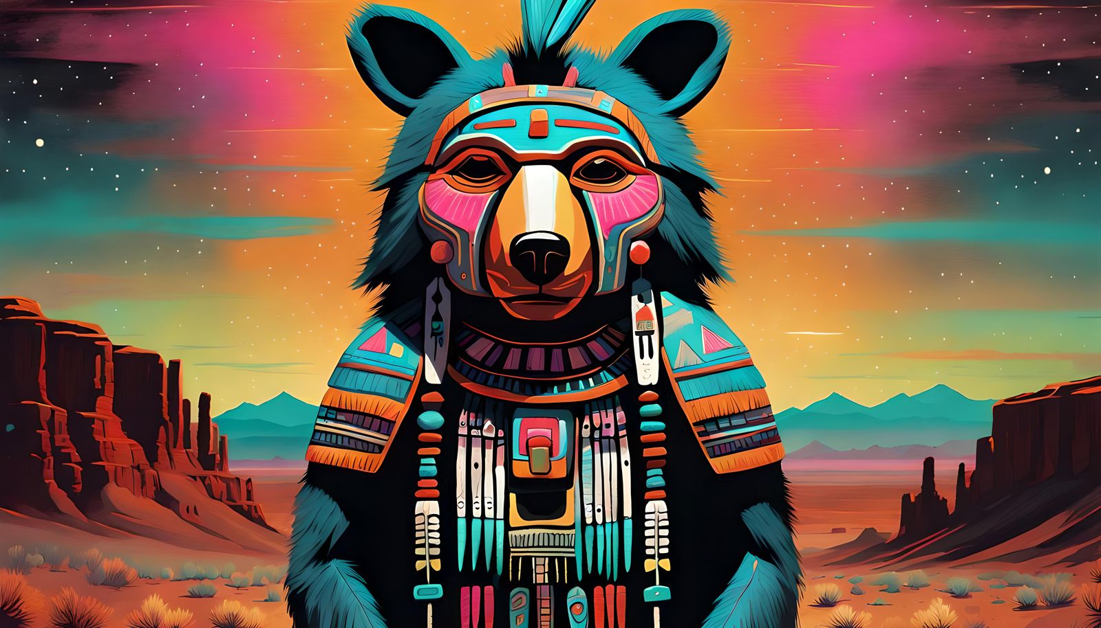 Wise Navajo Bear Kachina Doll in Neon