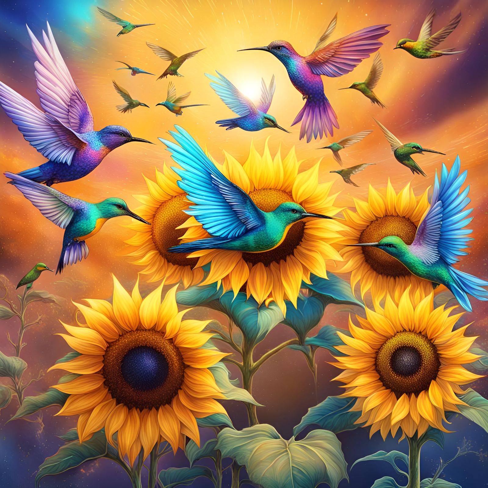 Sunflowers and Hummingbirds: Cosmic Astral Illustration