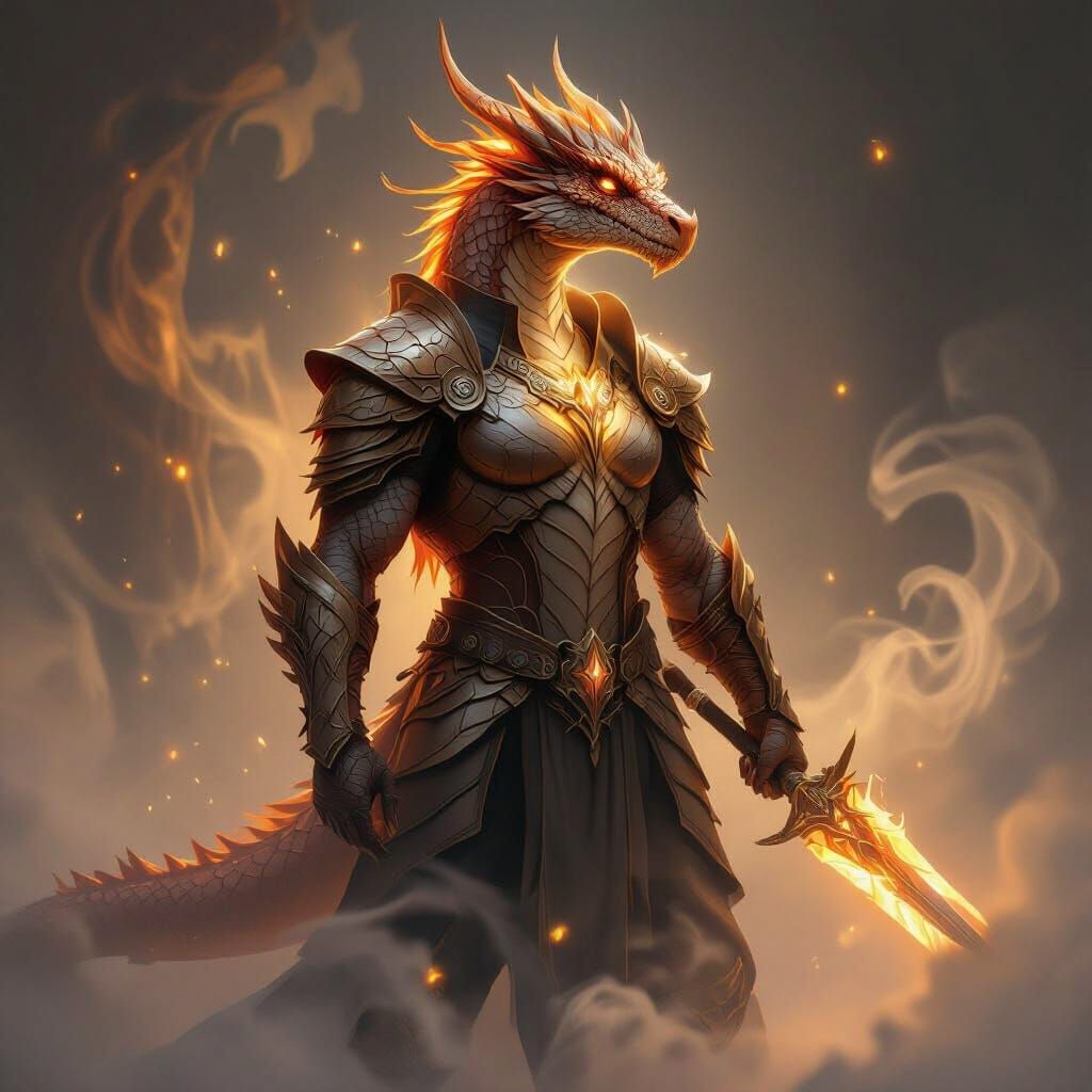 Copper Dragonborn Warrior in Ethereal Fantasy Mist