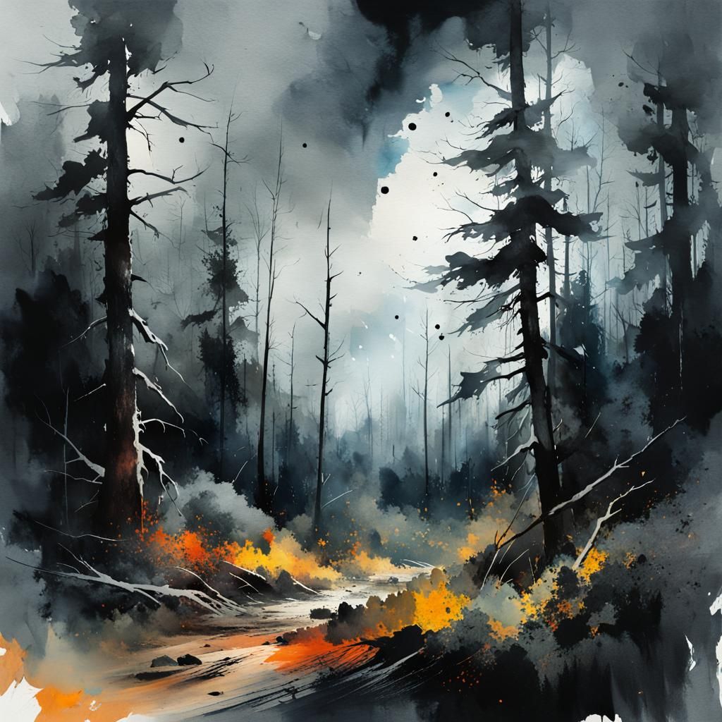Stormy Forest in Watercolor Style