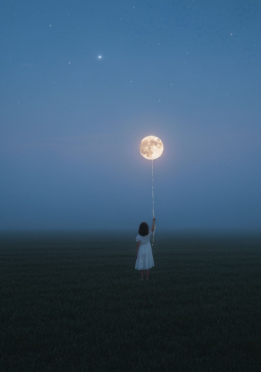 Child with Moon Balloon in Twilight Dreamscape