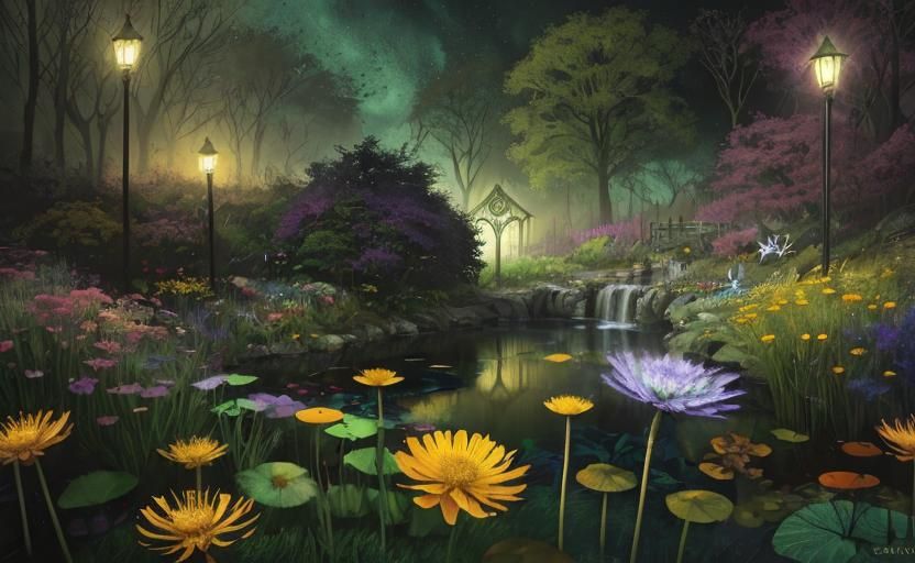 Fairies in Dark Meadow Dreamscape, Impasto Painting