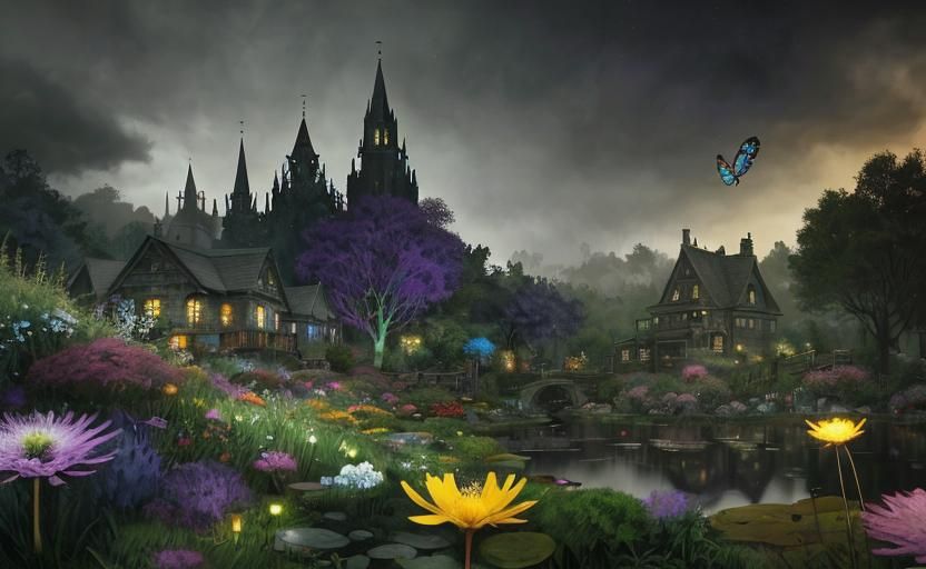 Fairies in Dark Meadow Dreamscape, Grayscale with Color