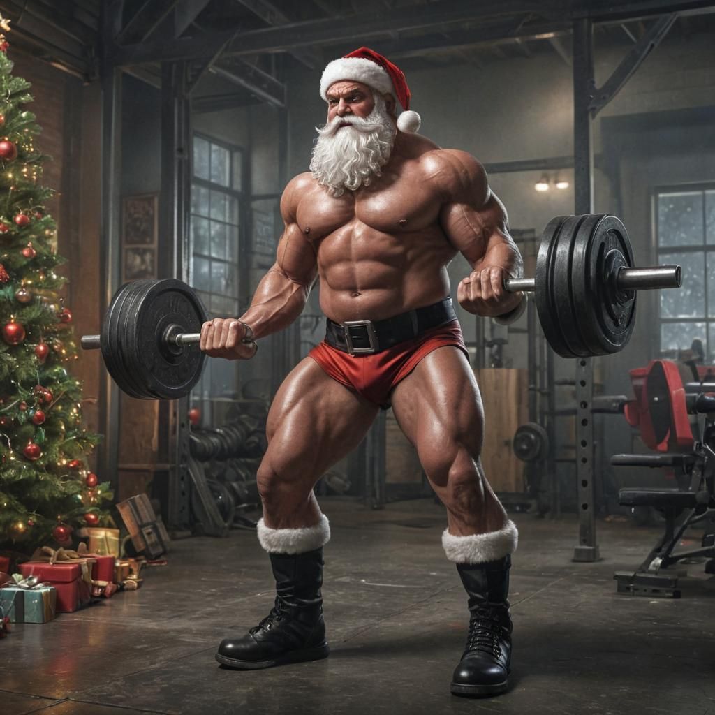 A Christmas power gym scene with a hyperrealistic, ultra muscular, powerful Santa Claus in a gym, lifting heavy barbells...