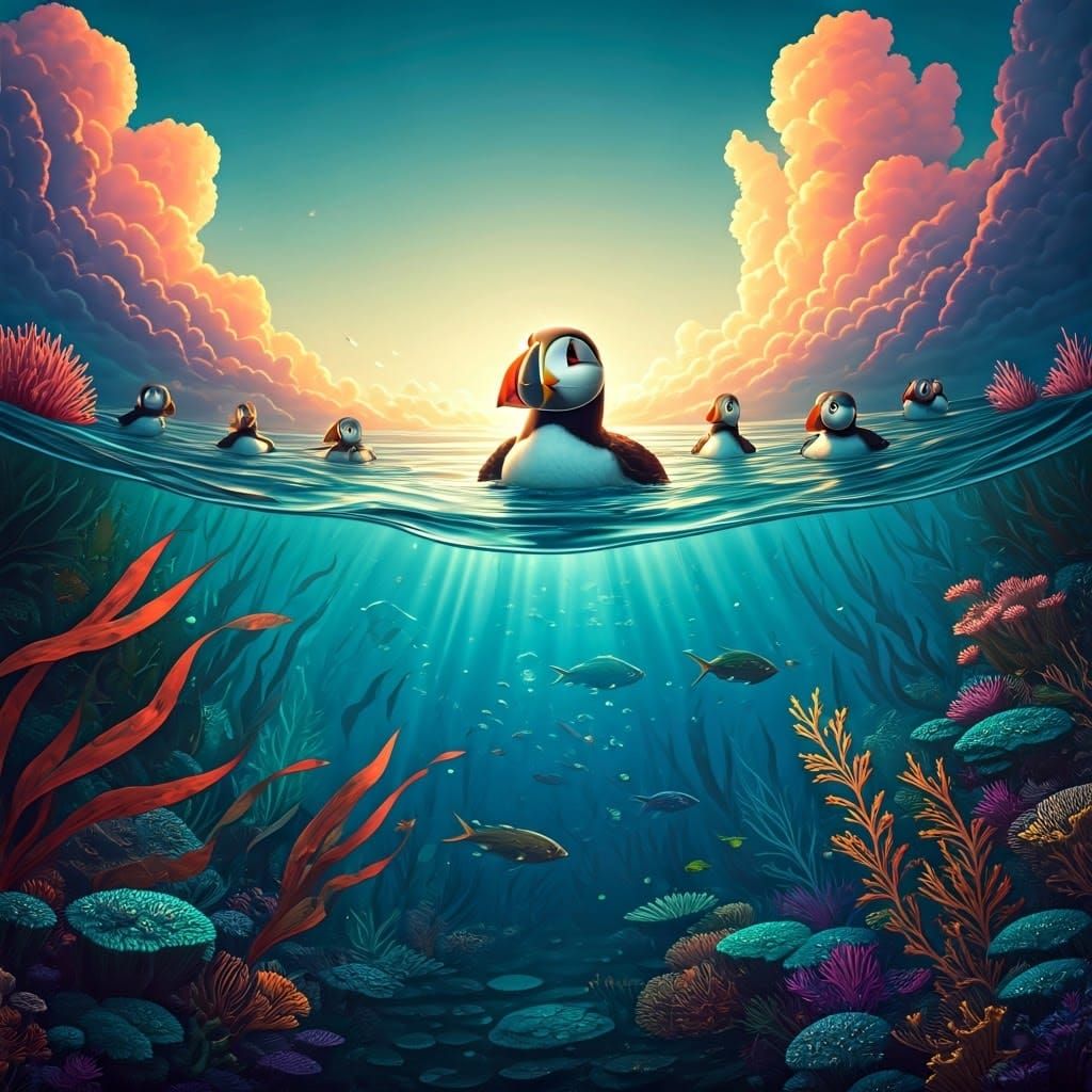 Puffins in a Fantastical Ocean Scene