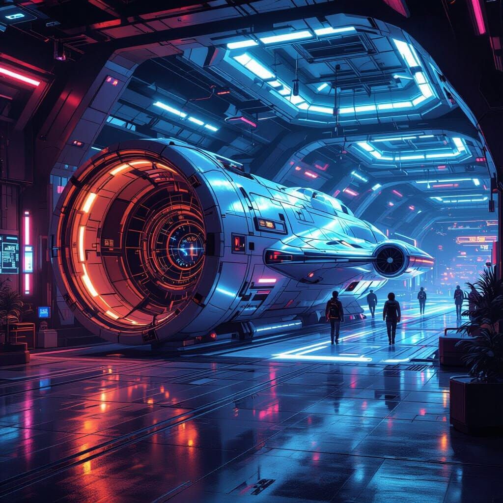 Futuristic Space Station Lobby in Cyberpunk Style