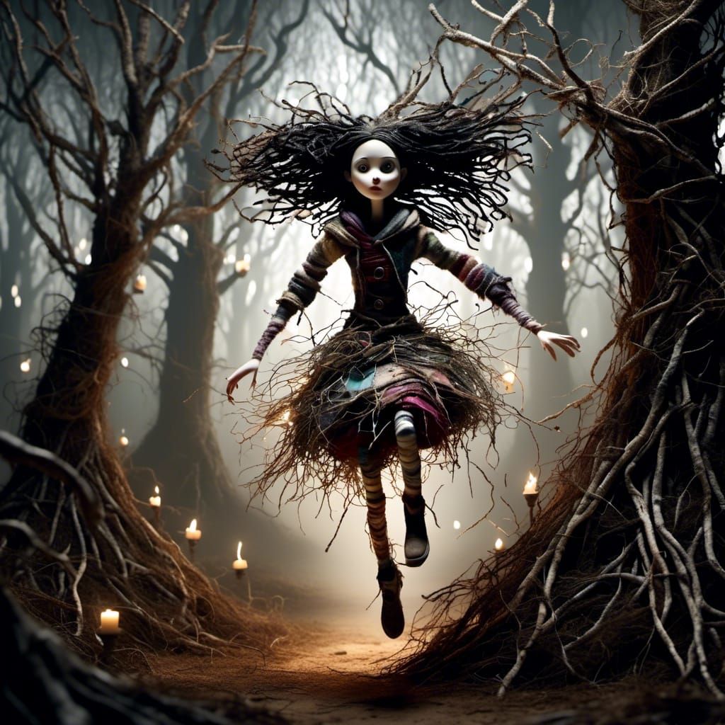 Young Witch Races Through Dark Forest