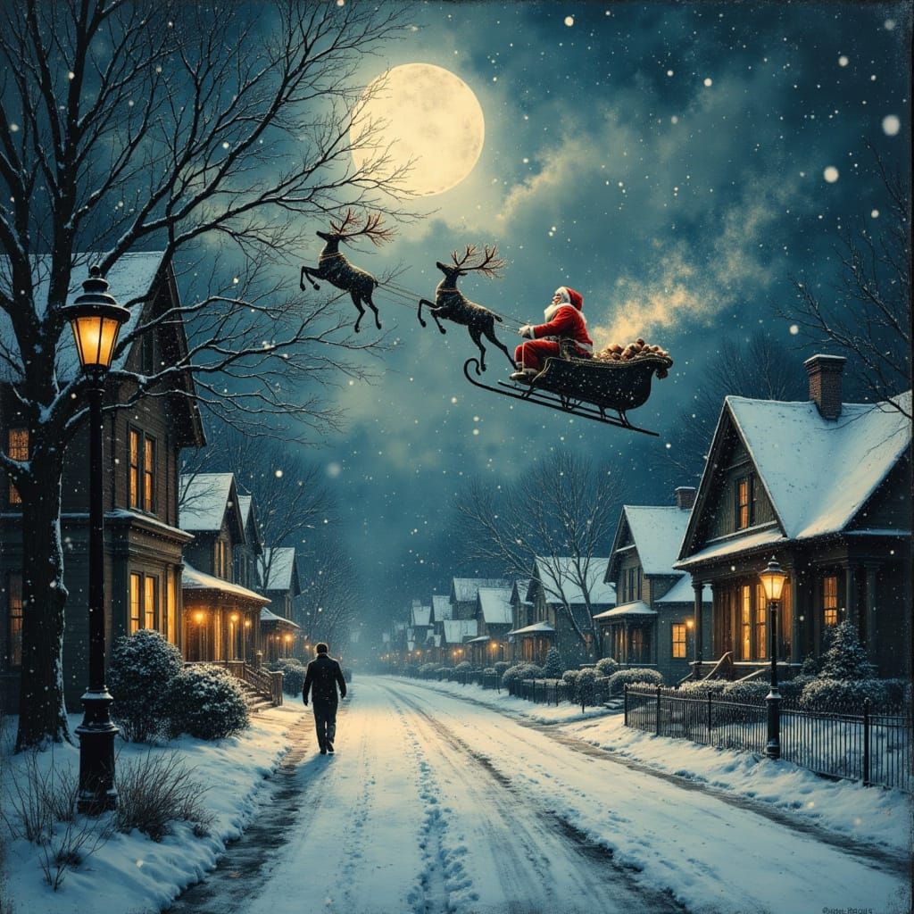 Santa Flies Over Snowy Neighborhood Under Full Moon