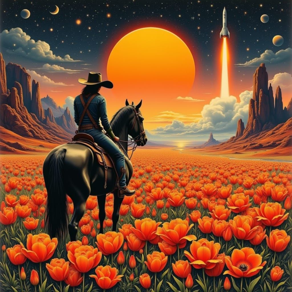 Surreal Space Western Cowboy in Tulip Field