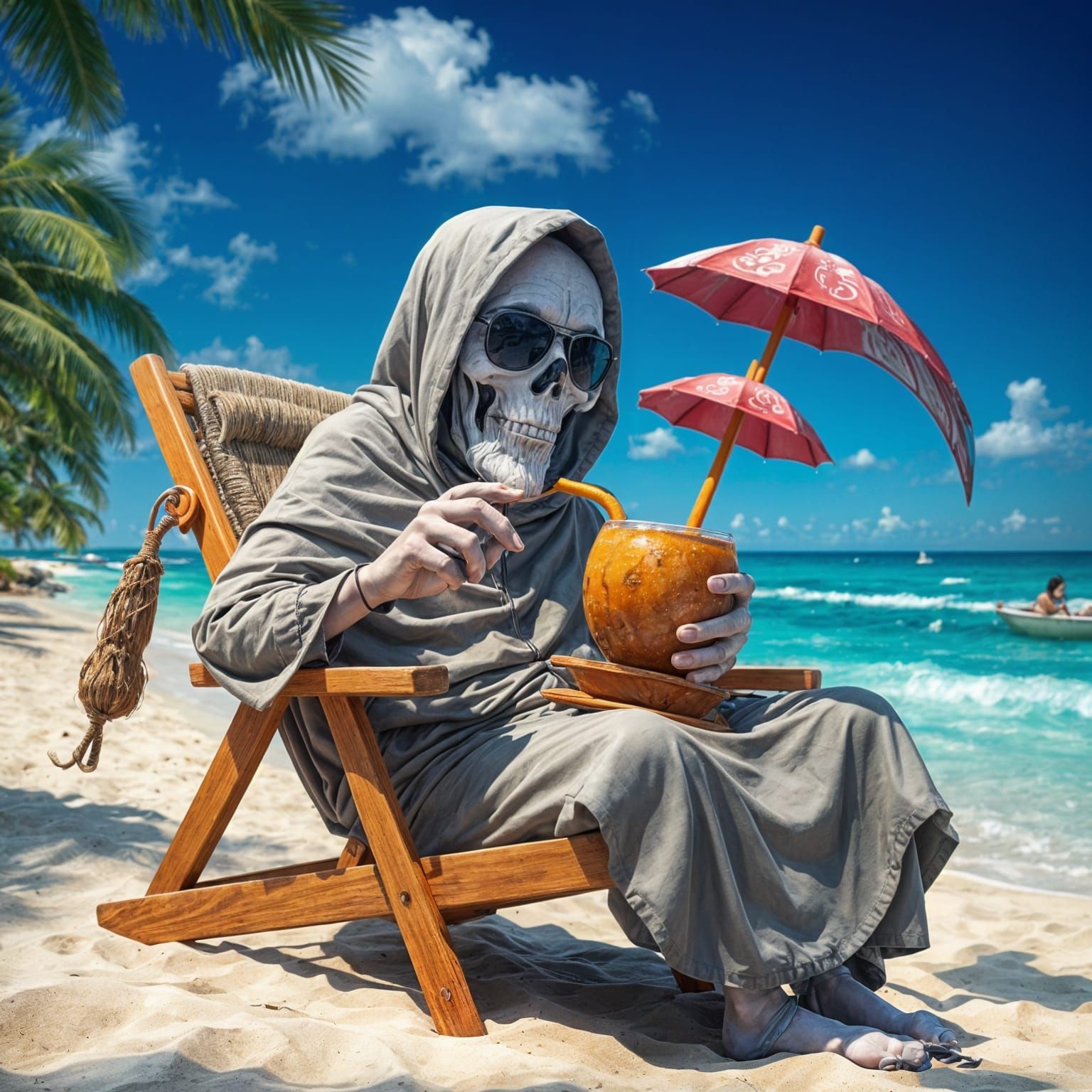 The Grim Reaper relaxing on a beach