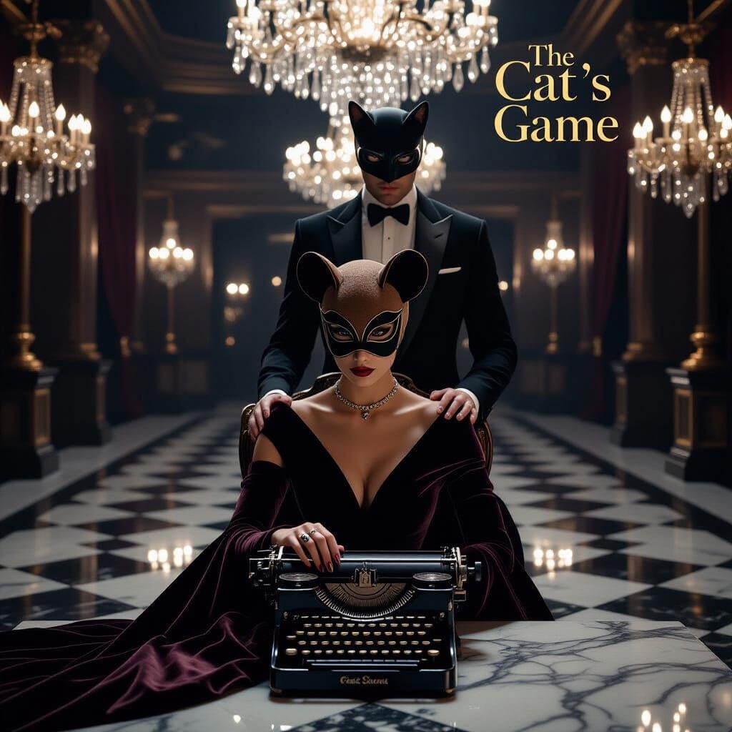 Dark Romance Ballroom Scene: Mysterious Woman & Cat Masked M...