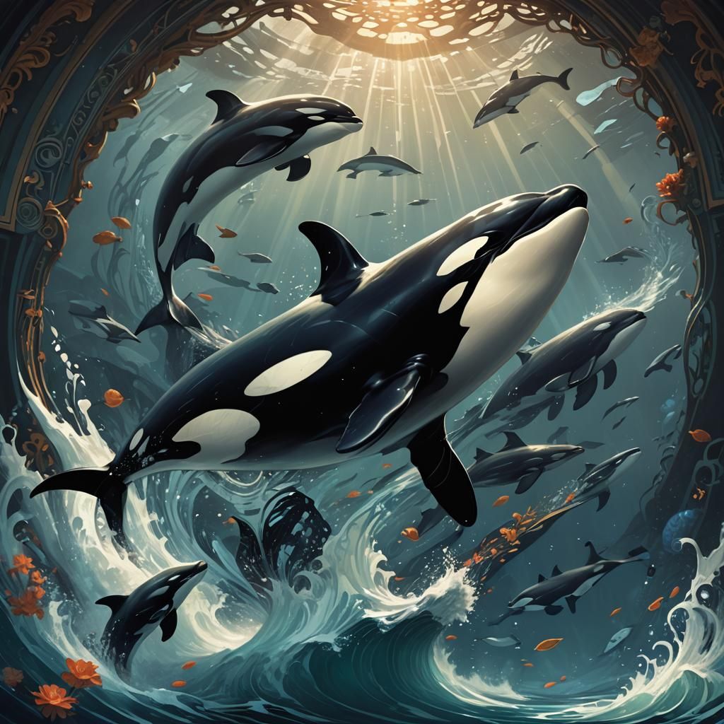 Orcas Dancing Underwater: Dark Fantasy Concept Art