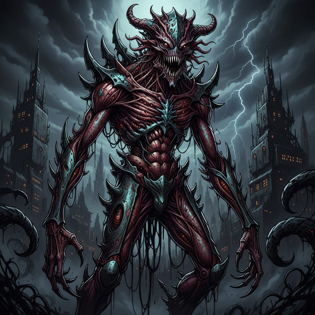 Dark Fantasy Creature in Bold, Vibrant, Ominous Style