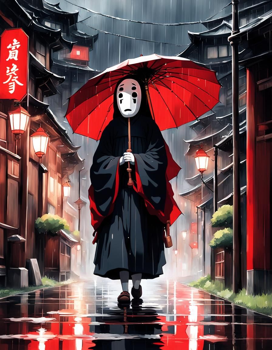 Kaonashi walking in the rain