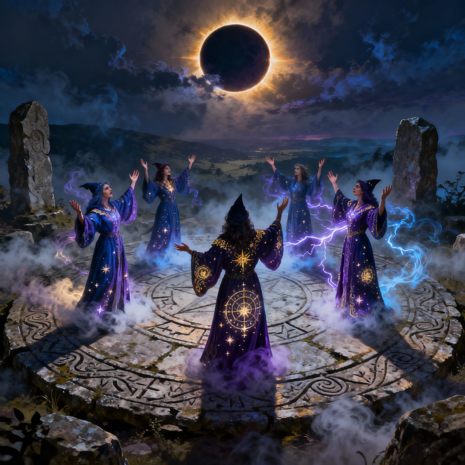 Witches Coven in Misty Stone Circle During Solar Eclipse
