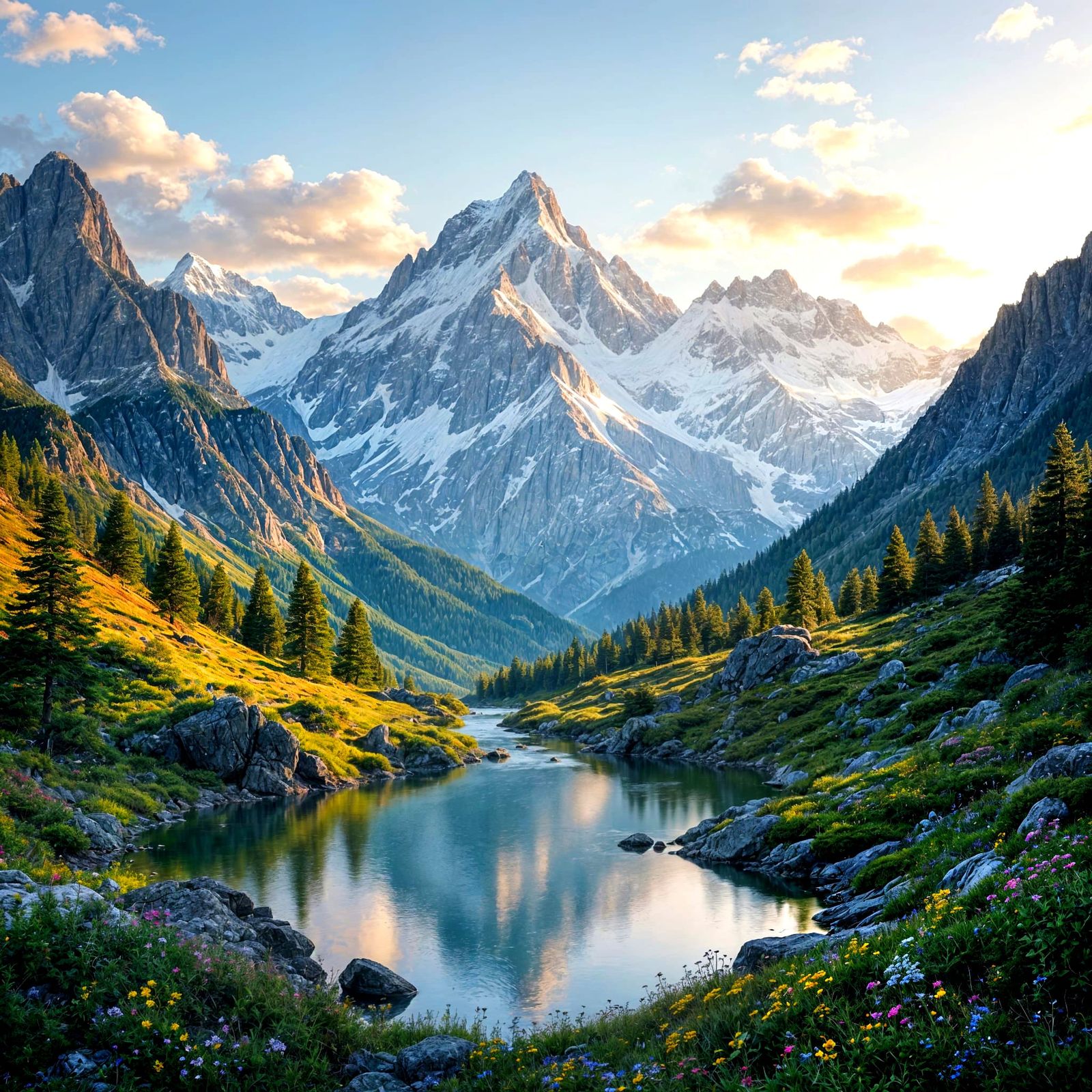 Hyperrealistic Mountainscape at Golden Hour