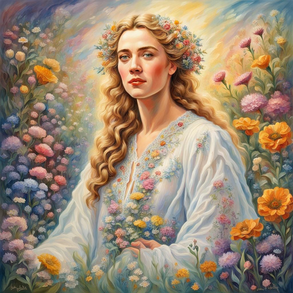 Woman in Floral Field: Gouache Watercolor Painting