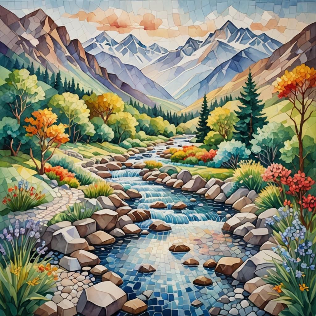 Gemstone Mosaic Landscape in Watercolor Style