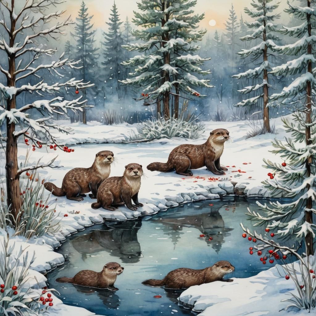 Otters Celebrate Christmas: A Winter Watercolor Scene