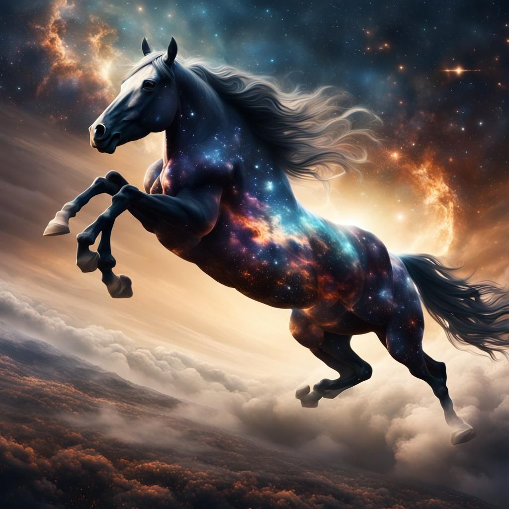 Epic Galaxy Horse Soaring in Dramatic Sky