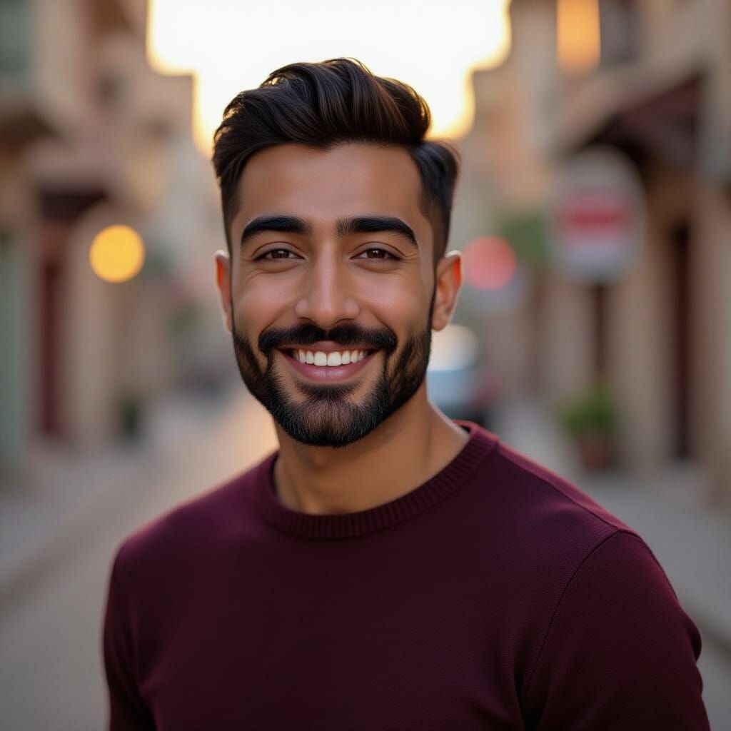 Joyous Iranian-Pakistani Man in Velvet T-Shirt