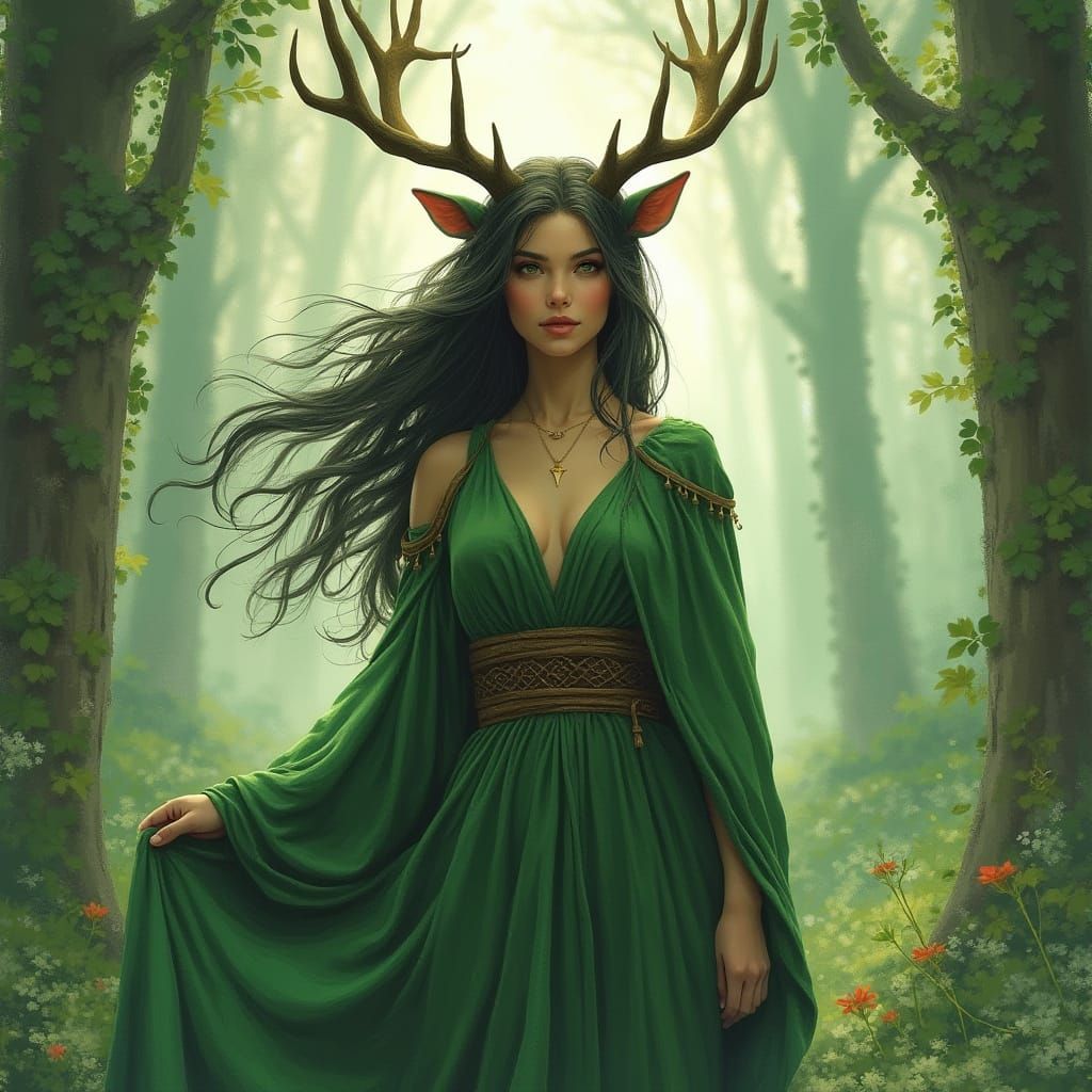 Goddess of the Hunt in Digital Watercolor Style