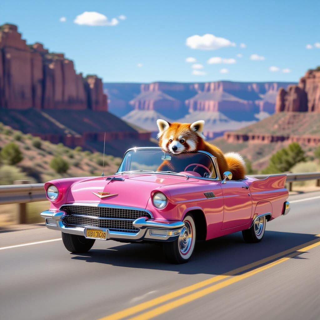 Red Panda Drives Pink Cadillac to Grand Canyon