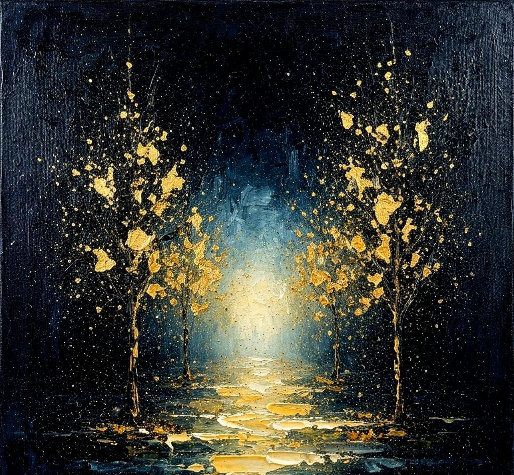 Rainy Midnight Landscape with Vibrant Colors and Gold